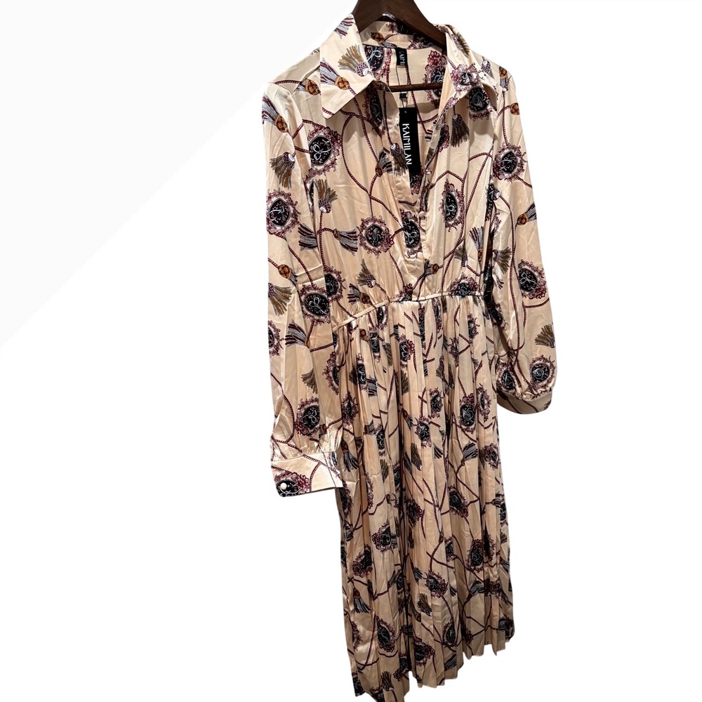 Kaimilan Apricot Print Dress Size 8 Collared Long Sleeve Pleated Belted